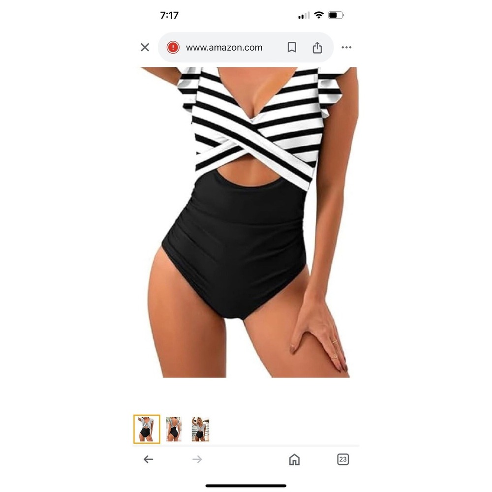 B2PRITY‎ Cut Out One Piece Swimsuit - Black/whiteSize L  Flutter Sleeves NEW